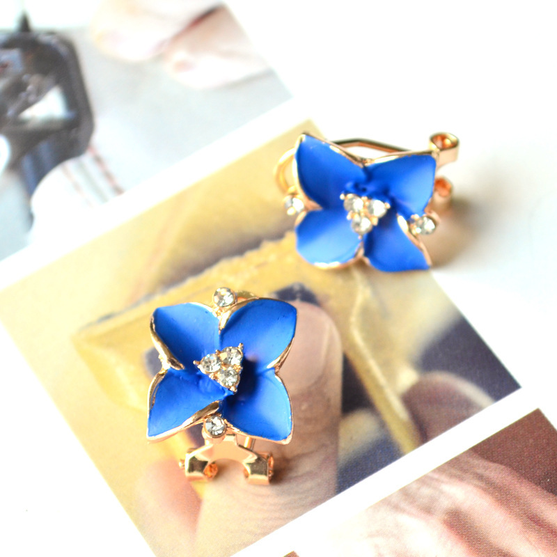 耳钉女款新款 清新宝蓝色花朵耳夹 合金四瓣花百搭耳饰品P10A277