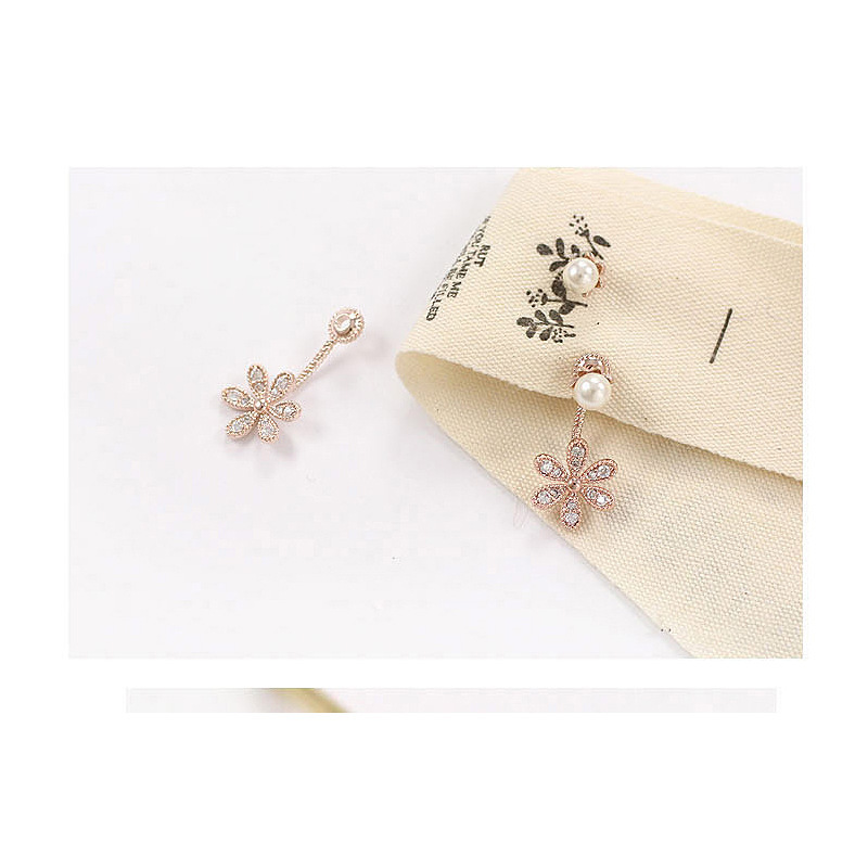 新款耳钉小香风珍珠五叶花四叶耳钉耳饰韩版女YWKT0057送女朋友七夕情人节礼物
