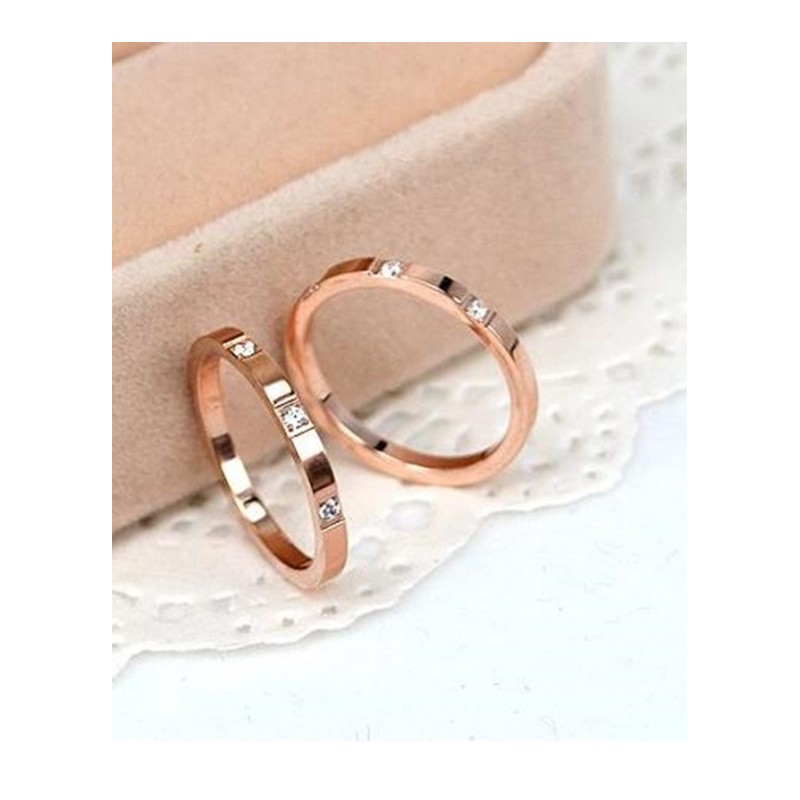 钛钢镀玫瑰金色戒指细版镶嵌指环手饰品送女朋友七夕情人节礼物