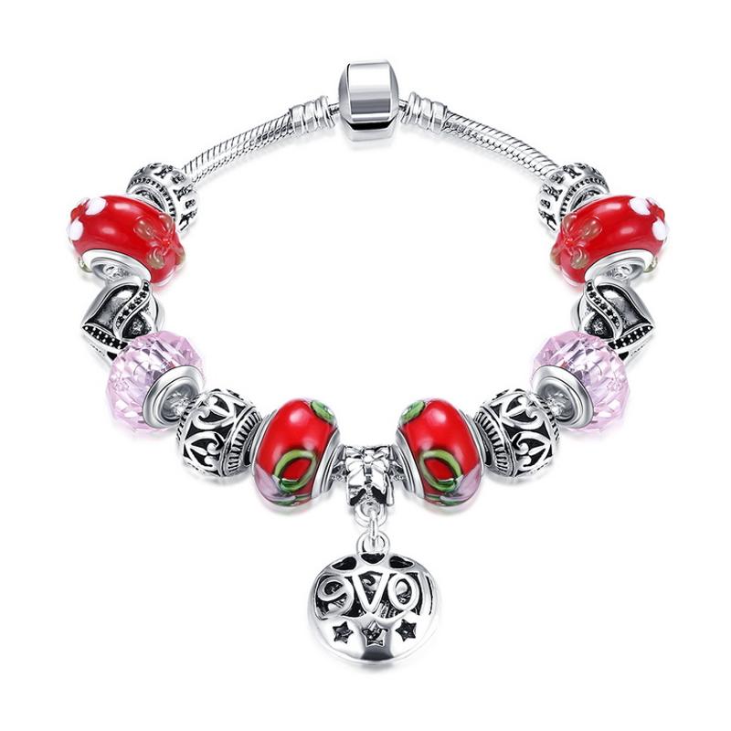 H052 Fashion Bracelet红色玻璃珠复古镀纯银饰品女欧美个性手链送女朋友七夕情人节礼物