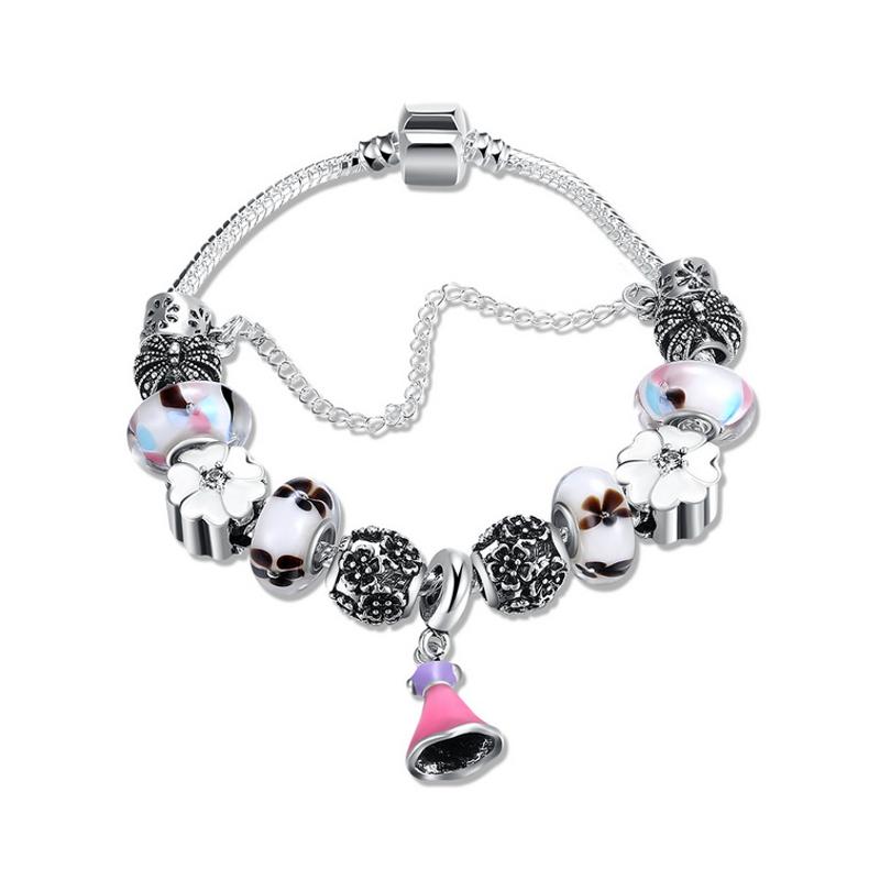 H060 Fashion Bracelet粉色玻璃珠复古镀纯银饰品女欧美个性手链送女朋友七夕情人节礼物