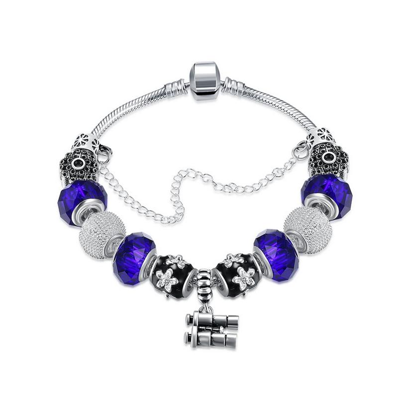 H056 Fashion Bracelet蓝色玻璃珠复古镀纯银饰品女欧美个性手链送女朋友七夕情人节礼物
