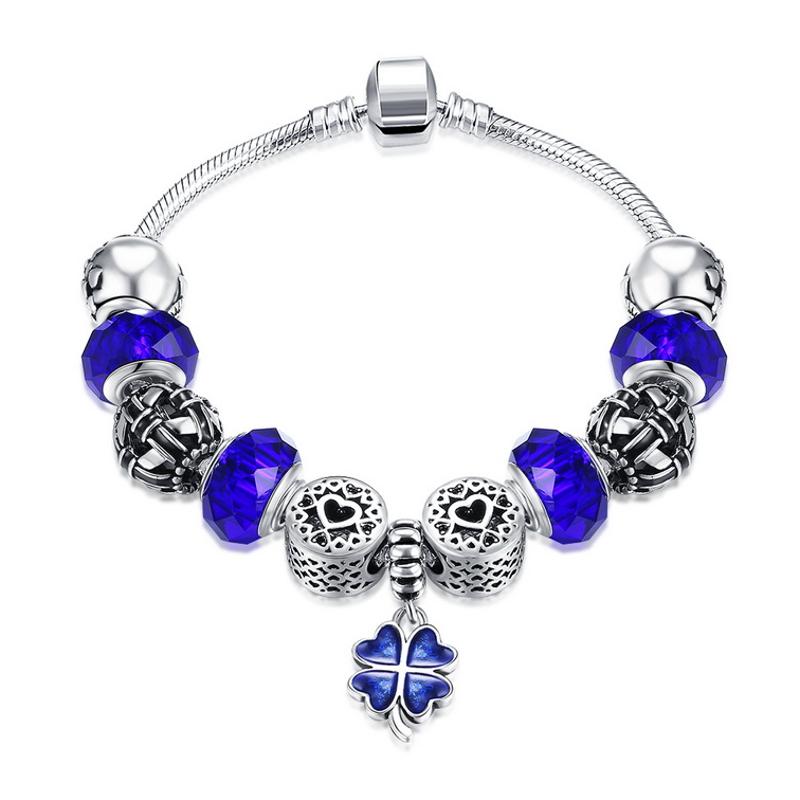 H053 Fashion Bracelet蓝色玻璃珠复古镀纯银饰品女欧美个性手链送女朋友七夕情人节礼物