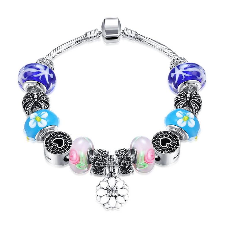 H051 Fashion Bracelet蓝色玻璃珠复古镀纯银饰品女欧美个性手链送女朋友七夕情人节礼物