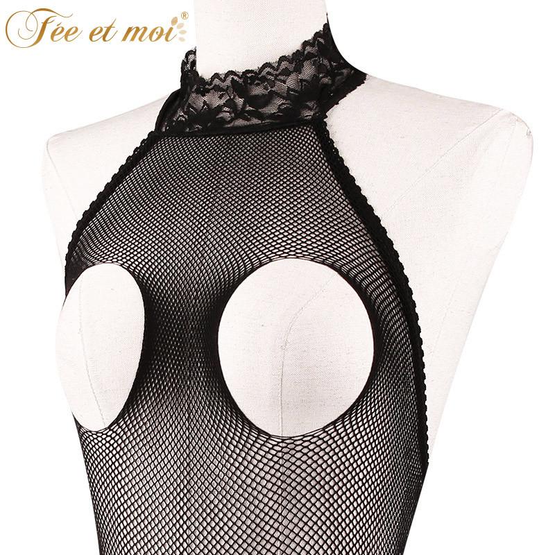 霏慕情趣内衣系列 胸前挖空露乳性感连身网袜 挂脖裸背诱惑开档情趣网格透明袜成人用品情趣用品sm性用品7504