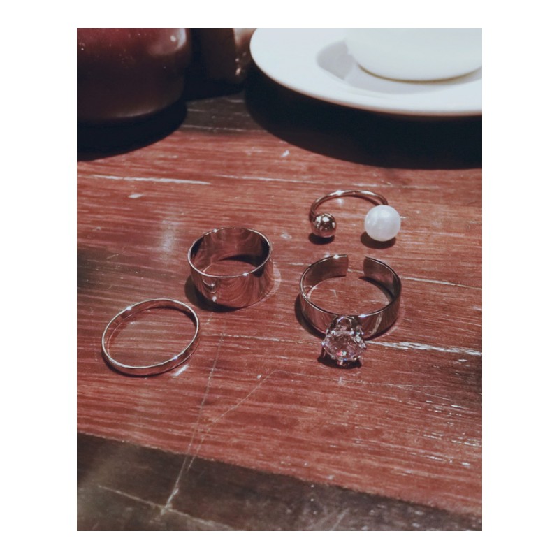 韩国个性四件套戒指 镶锆石珍珠开口指环食指关节戒4件套装饰品女送女朋友老婆生日礼物