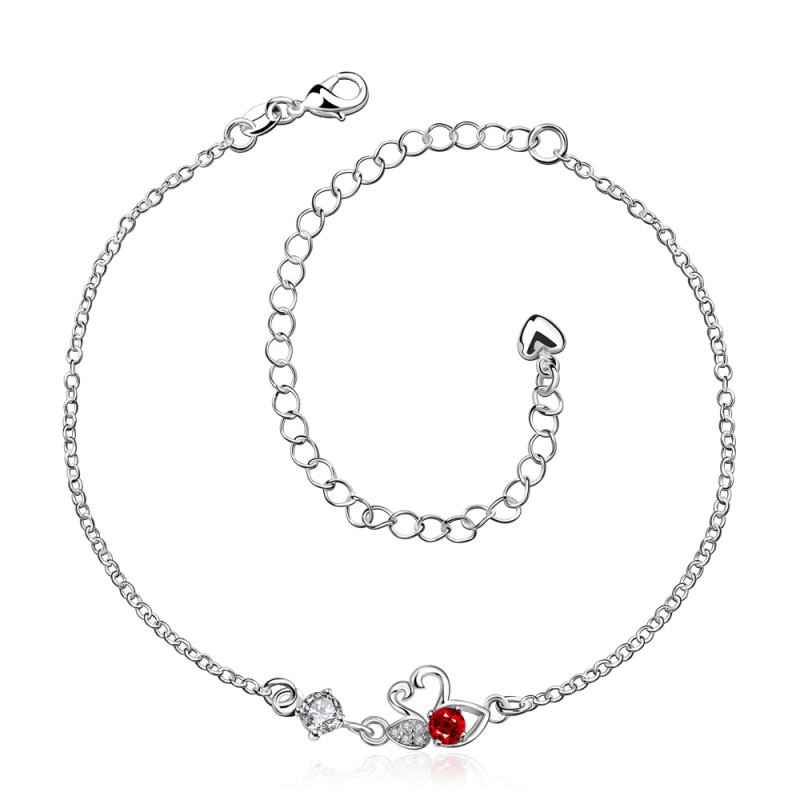 A008 Silver Anklet 红锆石镀银脚链小清新气质脚饰品爱心天鹅女送女朋友七夕情人节礼物