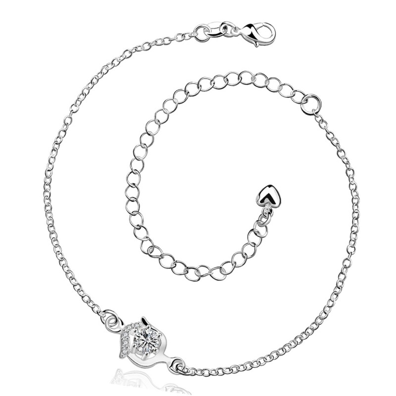 A034 Women Jewelry Silver Anklet 镀银饰品花朵白锆石脚链女潮送女朋友七夕情人节礼物