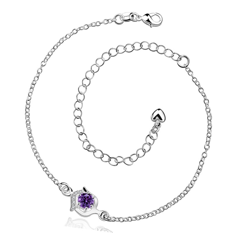 A034 Women Jewelry Silver Anklet 镀银饰品花朵紫锆石脚链女潮送女朋友七夕情人节礼物