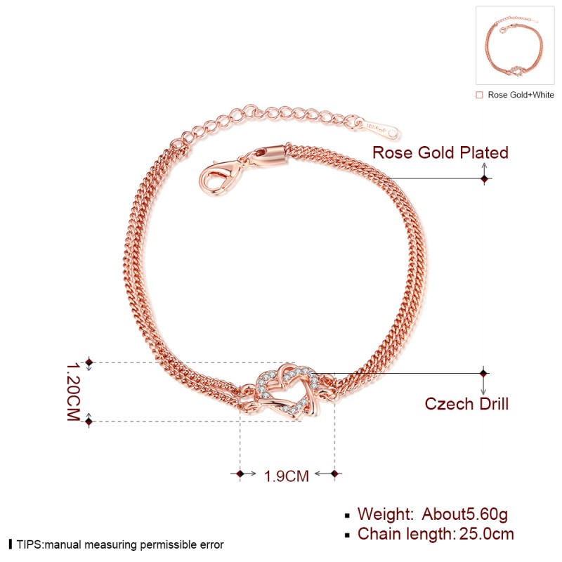 B012 Bracelet Bangle 镀18k玫瑰金锆石手链情侣心心相印女礼物送女朋友七夕情人节礼物