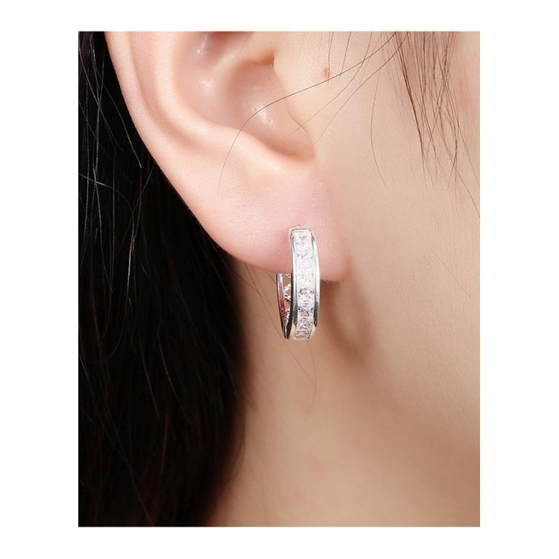 E783Women Silver Earrings 镀纯银水晶耳扣精致日韩版女耳饰耳环送女朋友七夕情人节礼物