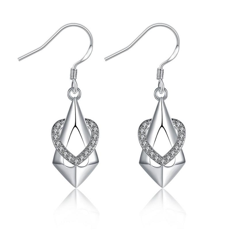 E788Women Silver Earrings 镀纯银水晶心形精致日韩版女耳饰耳环送女朋友七夕情人节礼物