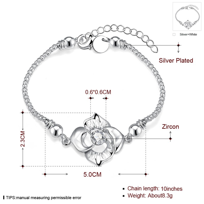 H381 Fashion Bracelet 锆石玫瑰花手链欧美外贸镀925纯银女首饰送女朋友七夕情人节礼物