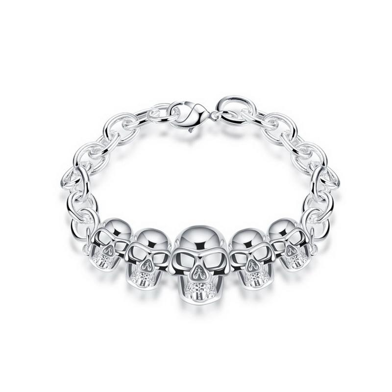 H486Women Silver Bracelet女生饰品另类骷髅头手链镀925纯银复古送女朋友七夕情人节礼物