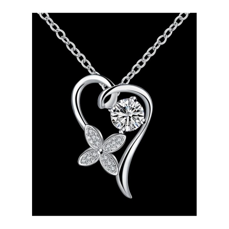 N011Women Silver Necklace 韩版镀银锁骨心形四叶项链女送女友送女朋友七夕情人节礼物
