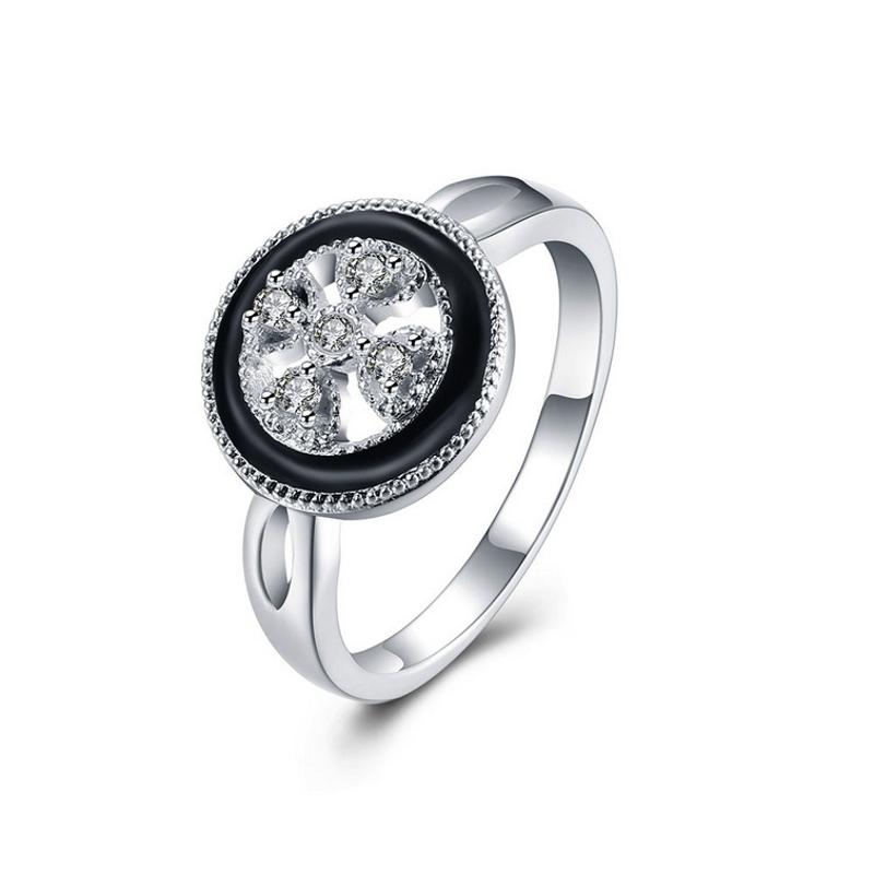 R844 Women Silver Rings 黑色滴油水晶戒指日韩指环简约戒子女生送女朋友七夕情人节礼物