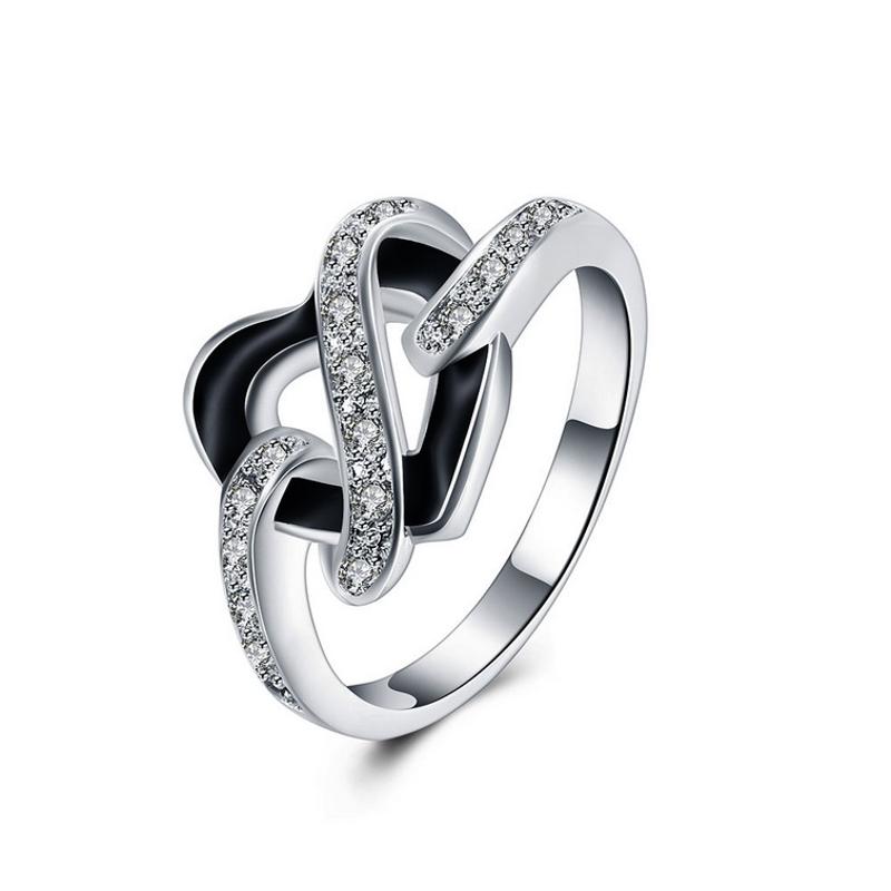 R845 Women Silver Rings 黑色滴油水晶戒指日韩指环心形戒子女生送女朋友七夕情人节礼物