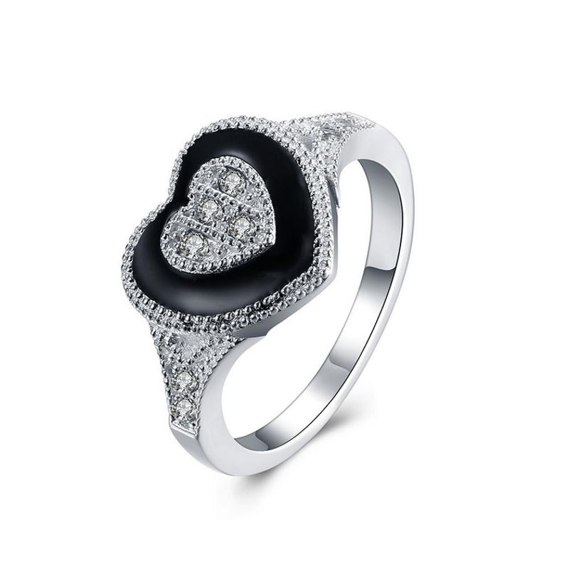 R847 Women Silver Rings 黑色滴油水晶戒指日韩指环心形戒子女生送女朋友七夕情人节礼物
