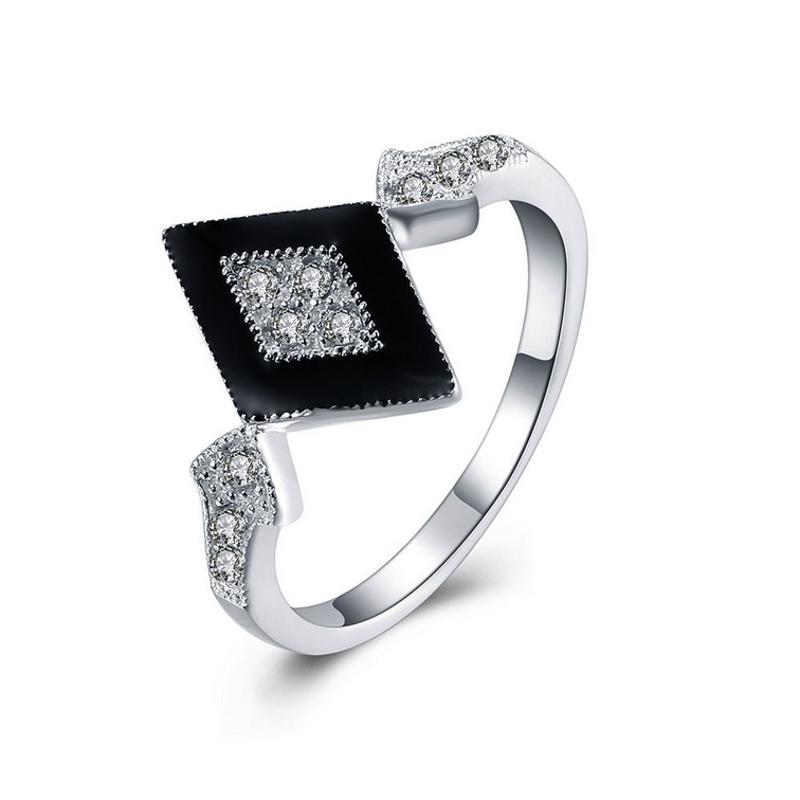 R849 Women Silver Rings 黑色滴油水晶戒指日韩指环简约戒子女生送女朋友七夕情人节礼物