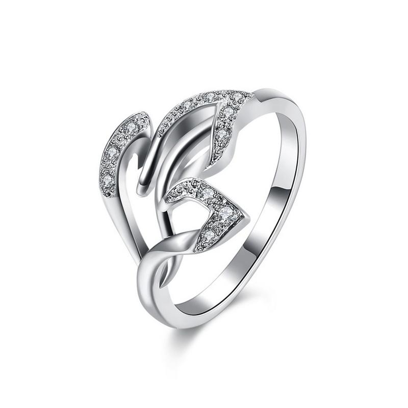 R852 Women Silver Rings 水晶叶子镂空戒指日韩指环简约戒子女生送女朋友七夕情人节礼物
