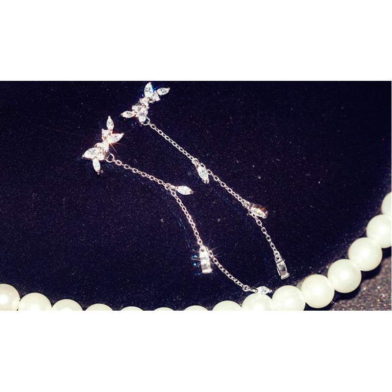 S925流苏耳坠韩版时尚长款水滴镶钻树叶耳钉女耳饰YWJY9443送女朋友七夕情人节礼物