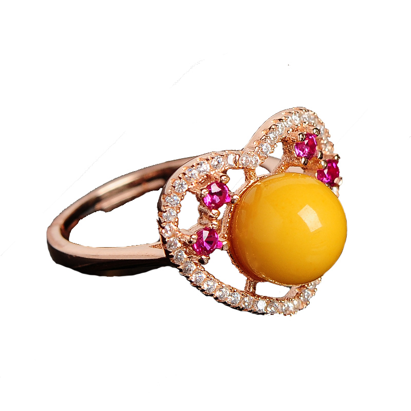 S925镶嵌黄蜜蜡戒指 女款心形配饰可伸缩指环 带证书送女朋友七夕情人节礼物