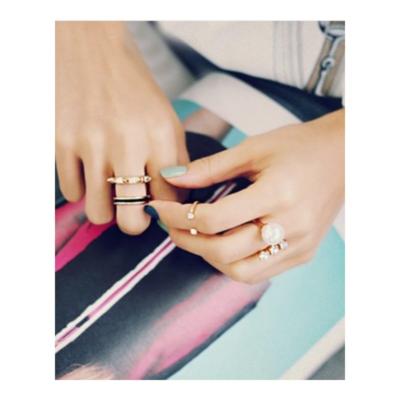 韩国三件套戒指镶水钻珍珠食指开口指环个性铆钉关节戒装饰品女送女朋友老婆生日礼物送女朋友七夕情人节礼物