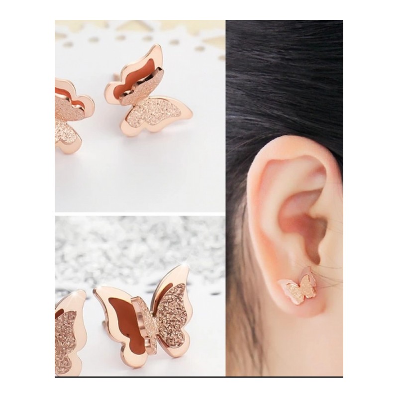 韩国饰品镀玫瑰金气质耳钉女韩版时尚磨砂可爱蝴蝶耳饰防过敏送女朋友老婆生日礼物送女朋友七夕情人节礼物