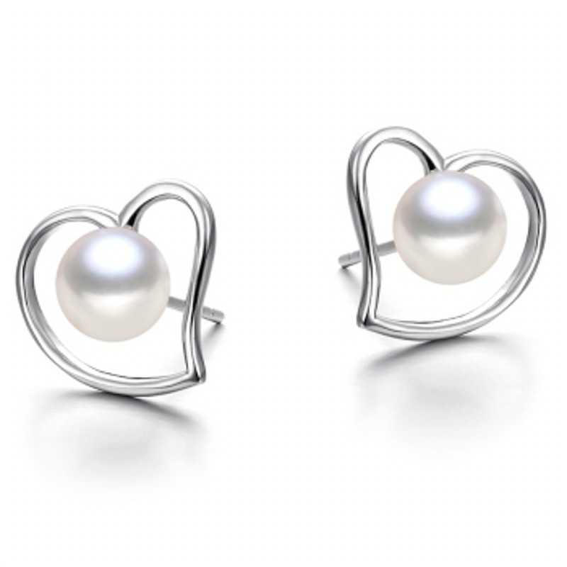 镀925银心形珍珠耳钉 银耳环一对 3145送女朋友七夕情人节礼物