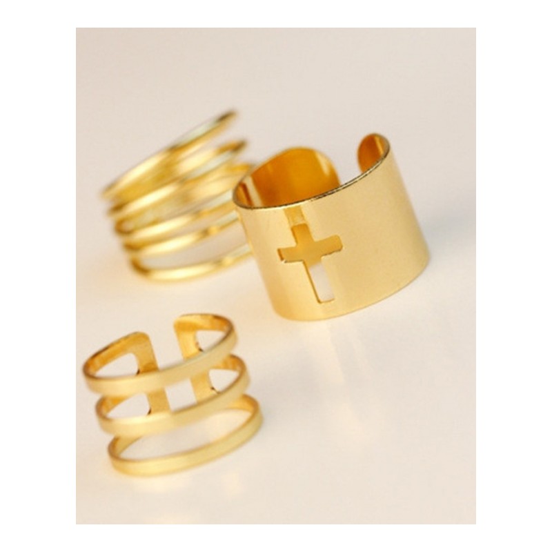 欧美风女士时尚指环指关节三件套装饰配件韩版镂空十字架戒指YWQWSP4461送女朋友七夕情人节礼物