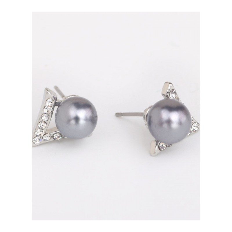 韩版时尚潮流简约水钻仿珍珠耳钉银色耳环V字女士耳饰YWZH5311送女朋友七夕情人节礼物