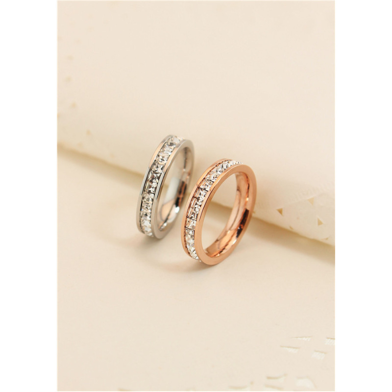 时尚单排满钻镀18K玫瑰金满钻锆石戒指女士指环钛钢彩金饰品YWYDM525送女朋友七夕情人节礼物