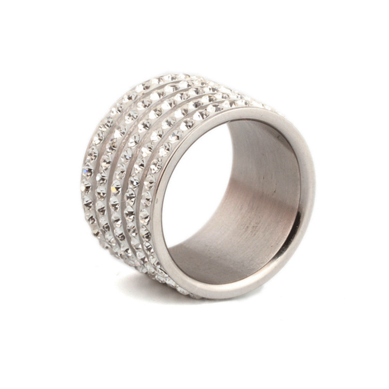 新款韩版简约时尚镶5排钻不锈钢女士钛钢戒指饰品礼物YWZJ5035送女朋友七夕情人节礼物