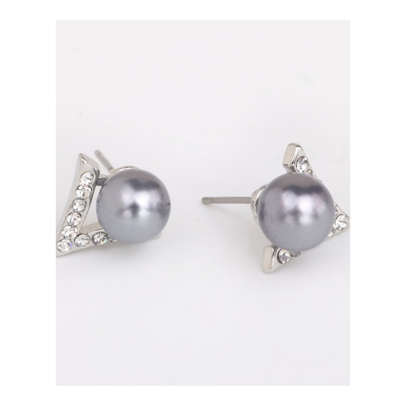 韩版时尚潮流简约水钻仿珍珠耳钉银色耳环V字女士耳饰YWZH5311送女朋友七夕情人节礼物