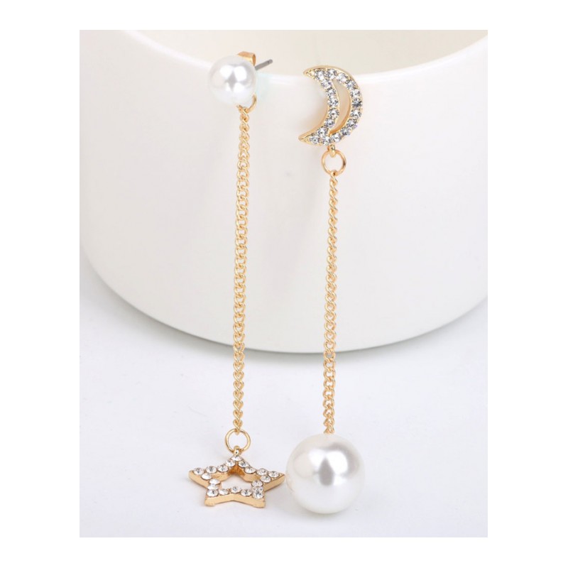 新款韩版简约不对称珍珠耳钉水钻耳饰流苏月亮星星女士耳坠YWZH0814送女朋友七夕情人节礼物