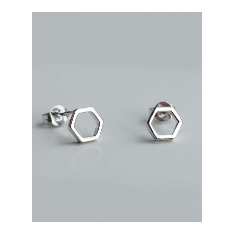 耳钉女款新款 韩版时尚耳饰小巧素面六角几何形镂空耳环J2D104送女朋友七夕情人节礼物