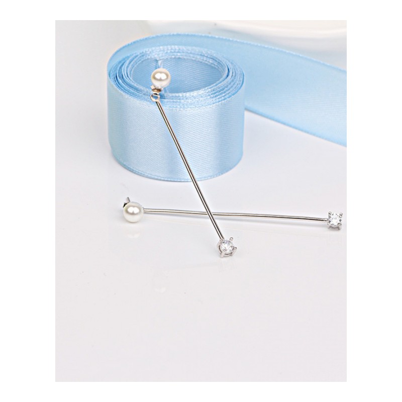 韩版925银针长款简约横杠锆石珍珠耳钉耳环韩国气质甜美银饰YWJY5041送女朋友七夕情人节礼物