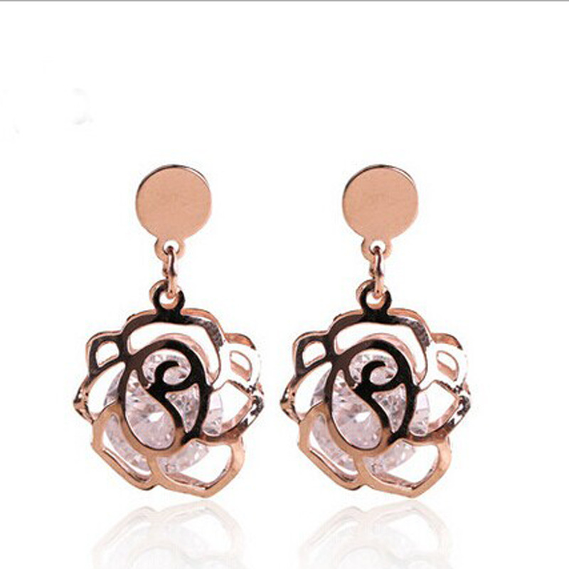 耳坠日韩小饰品玫瑰花镂空锆石耳钉耳环耳饰女YWKT5928送女朋友七夕情人节礼物