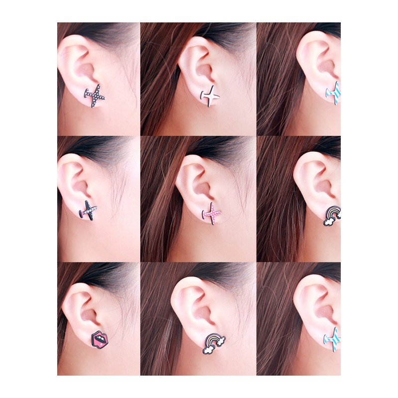 韩版饰品时尚防耳环彩虹嘴唇飞机条纹耳钉耳饰女YWKT3468送女朋友七夕情人节礼物