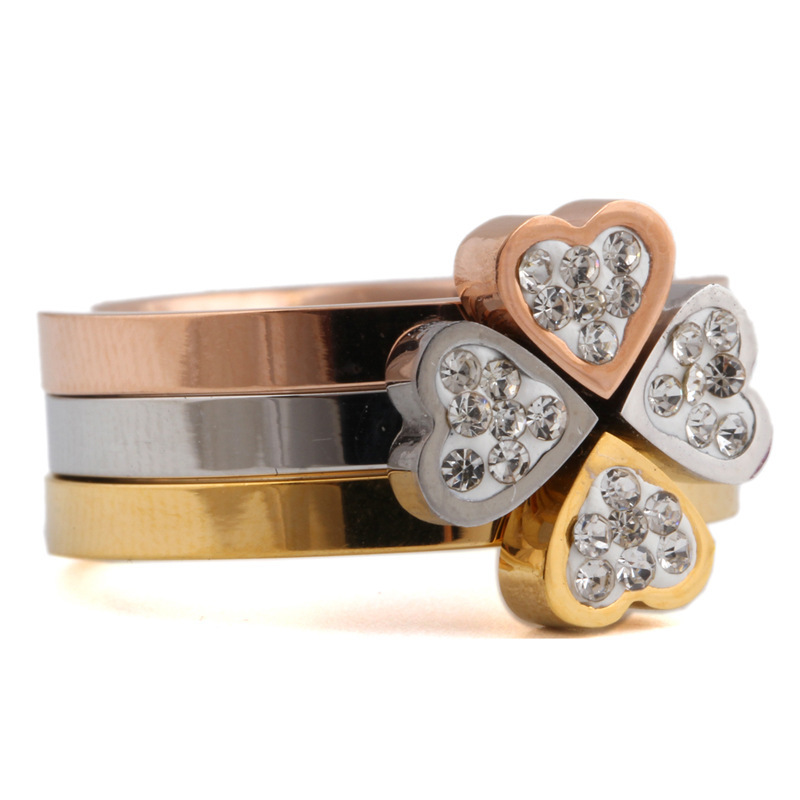 韩版时尚简约幸运爱心三色戒指可拆分女士钛钢指环YWZJ8108送女朋友七夕情人节礼物