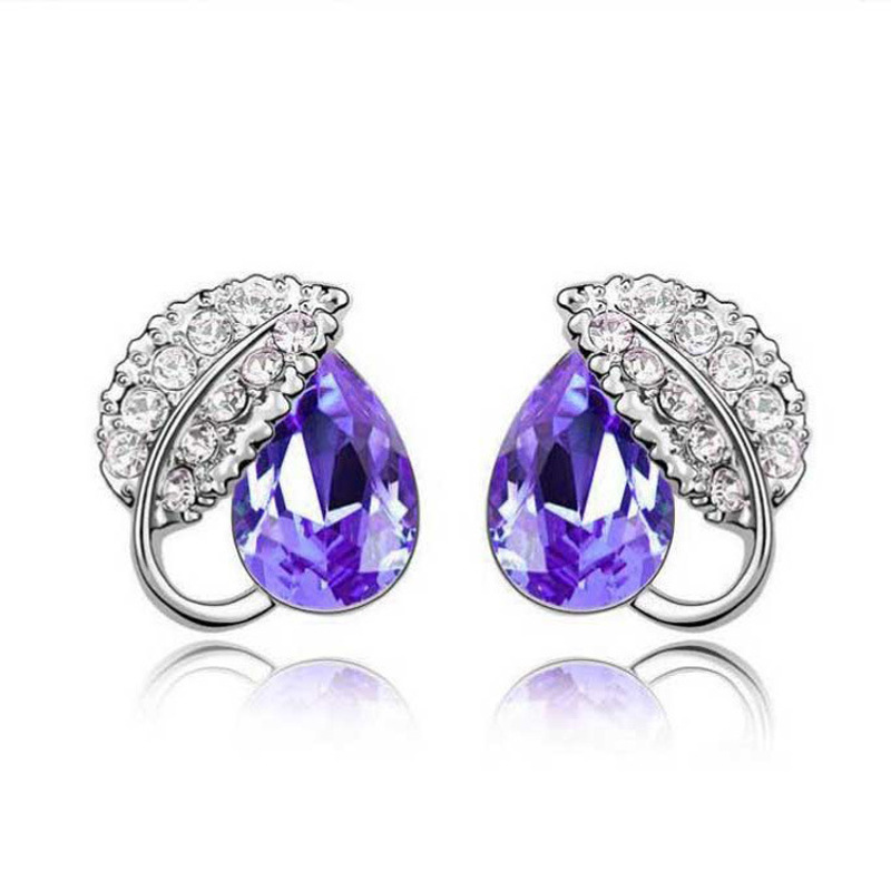 新款韩版饰品水晶满钻相思叶耳钉女耳饰YWMP3328送女朋友七夕情人节礼物