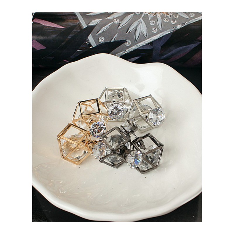 新款欧美饰品几何镂空水晶耳钉女前后两用锆石双面耳环YWZN3386送女朋友七夕情人节礼物