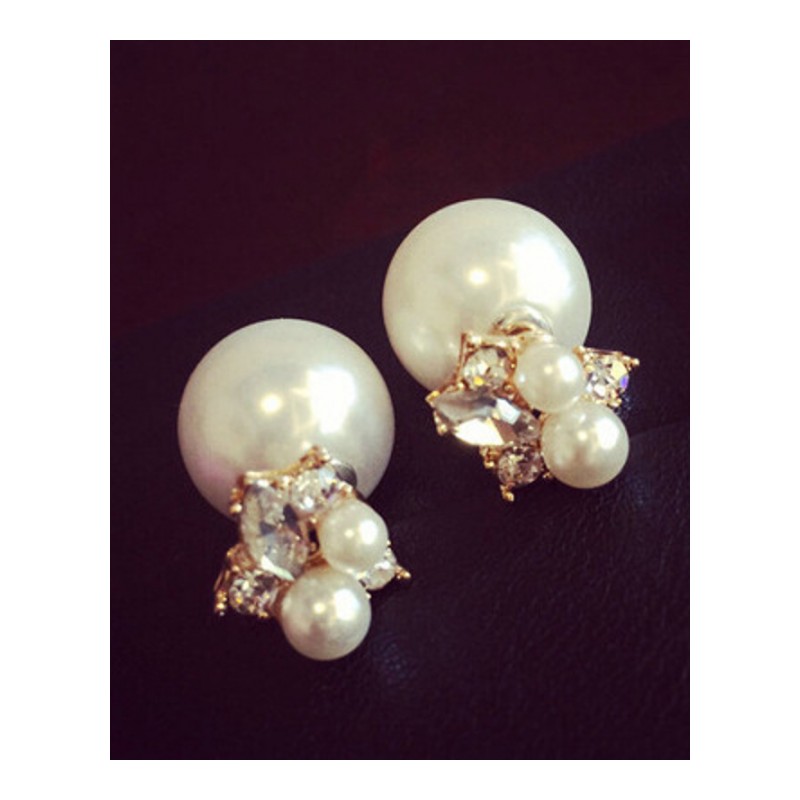 新款韩版时尚个性水钻人造珍珠双面耳钉女款耳饰YWHB8348送女朋友七夕情人节礼物