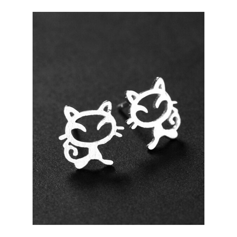 新款S925可爱镂空小猫咪耳钉原创简约银耳饰YWJY2986送女朋友七夕情人节礼物