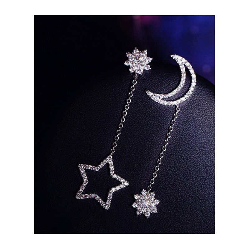 新款韩版精致星星月亮镂空不对称流苏耳钉耳环长款耳饰女YWLT8220送女朋友七夕情人节礼物