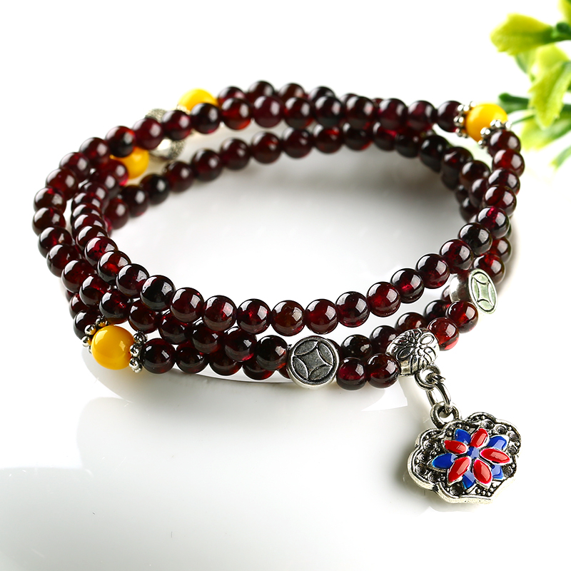 石榴石手链圆珠手环三层手饰品女款手串送女朋友七夕情人节礼物