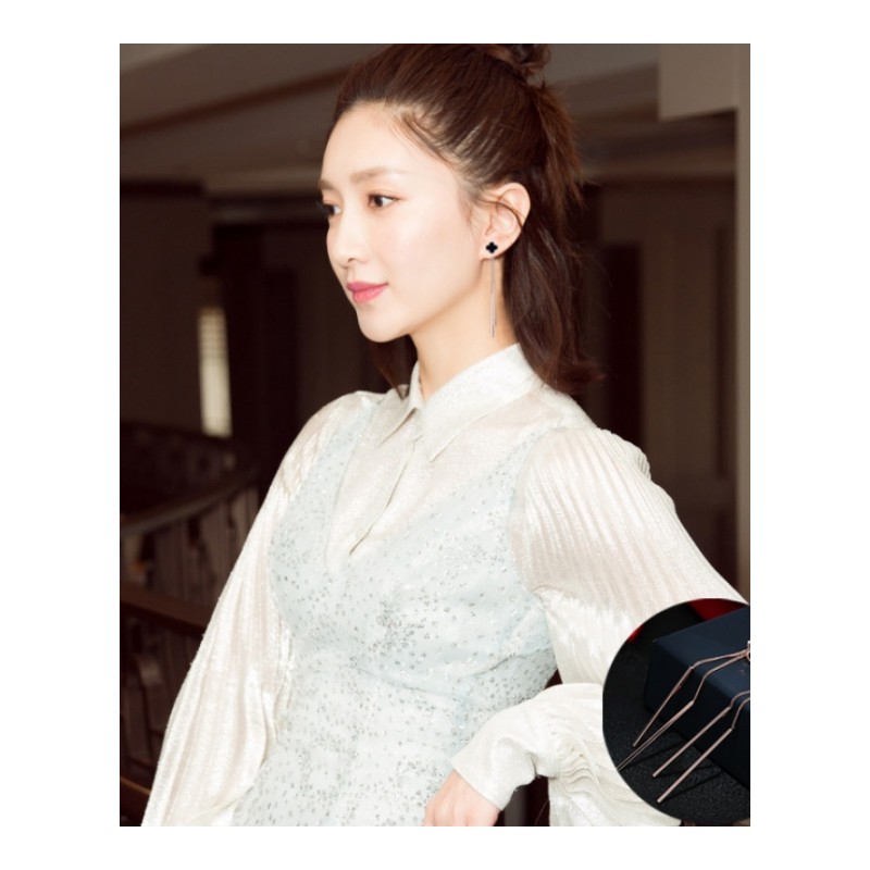 四叶纯银耳钉女韩国气质长款流苏耳环时尚个性百搭简约耳坠耳线送女朋友老婆生日礼物送女朋友七夕情人节礼物
