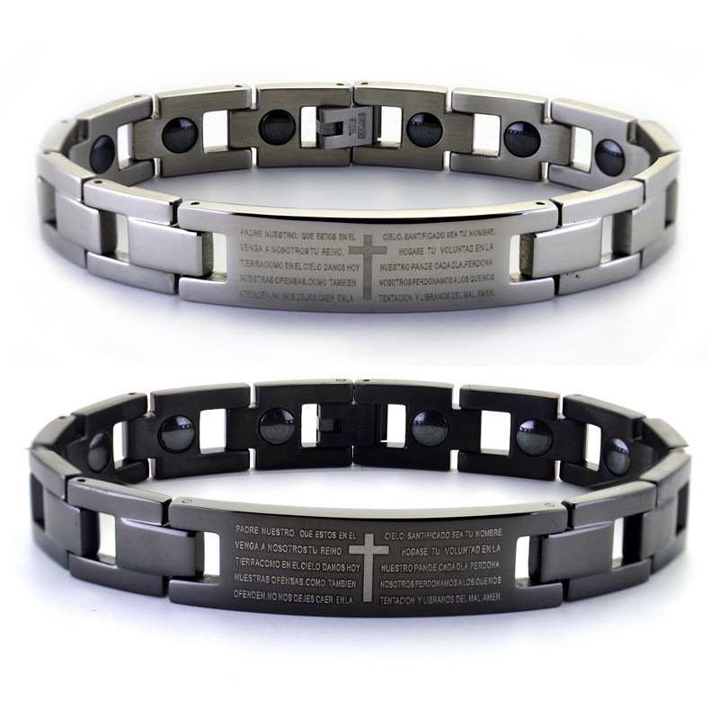 手链男女款新款 黑色十字架欧美经文情侣手饰钛钢镶磁石首饰品C10A020送女朋友七夕情人节礼物