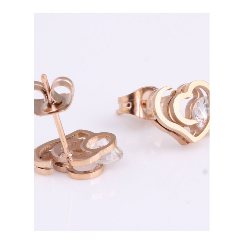 耳钉女款新款 爱心镶钻钛钢玫瑰金耳环简约设计女式不锈钢耳饰S2D052送女朋友七夕情人节礼物