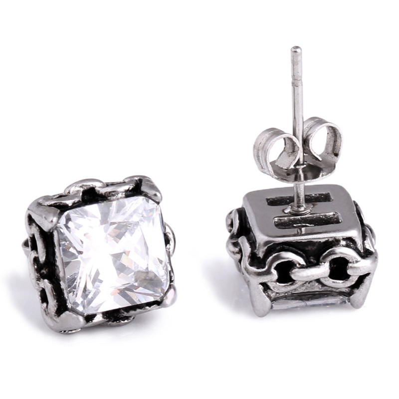 耳钉男女款新款 欧美时尚个性复古方形锆石钛钢耳环耳饰S2D259送女朋友七夕情人节礼物